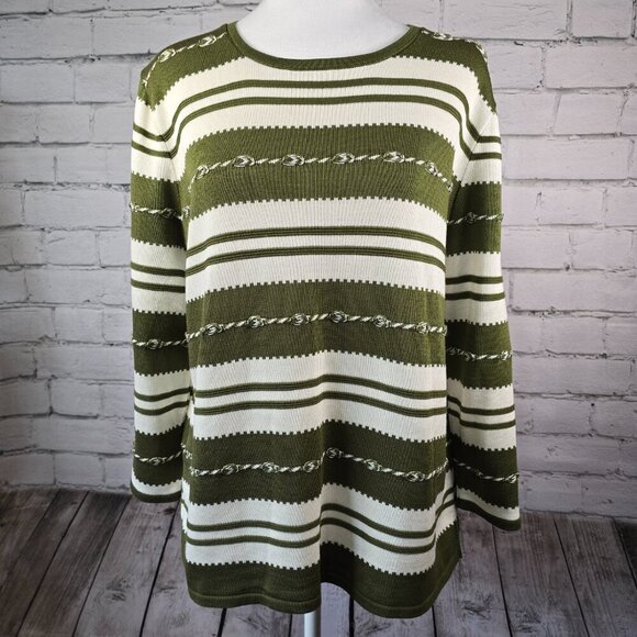 WOMENS ALFRED DUNNER BOLD STRIPED SWEATER DARK OLIVE AND CREAM SIZE MED EUC - Picture 1 of 8
